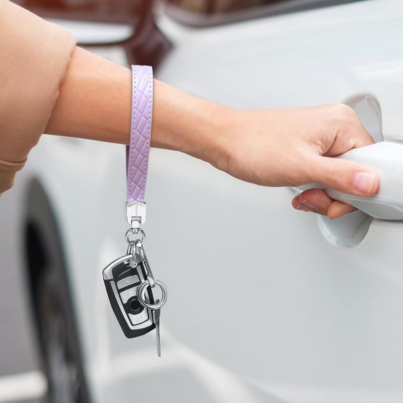 OHKYOOT Store Leather Wristlet Keychain,Car Key Chain Wrist Keychain with 3 Key Ring and Anti-Lost D Ring (Purple) - Image 3